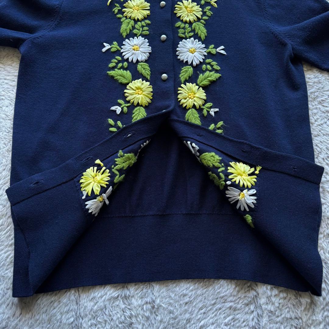 ブルックスブラザーズ スーピマコットン 花柄刺繍 カーディガン パール調 紺 S