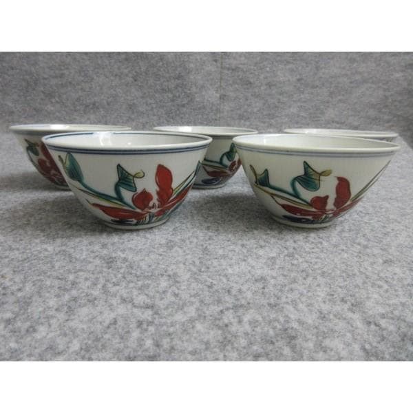 大明成化年製色絵花文汲み出し茶碗5個 [B28203]