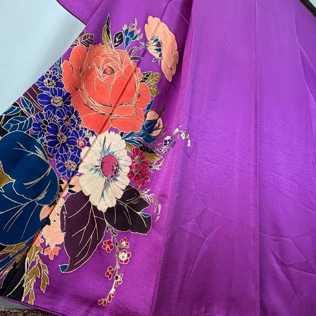 超美品　正絹　振袖　成人式　現代　着物　紫　草野一騎　作家物　花紋　158裄65