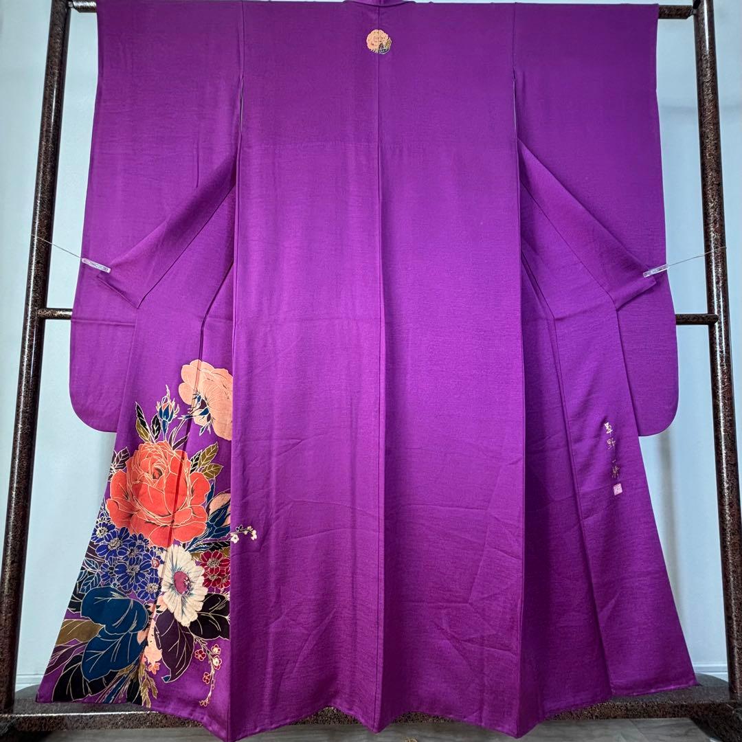 超美品　正絹　振袖　成人式　現代　着物　紫　草野一騎　作家物　花紋　158裄65