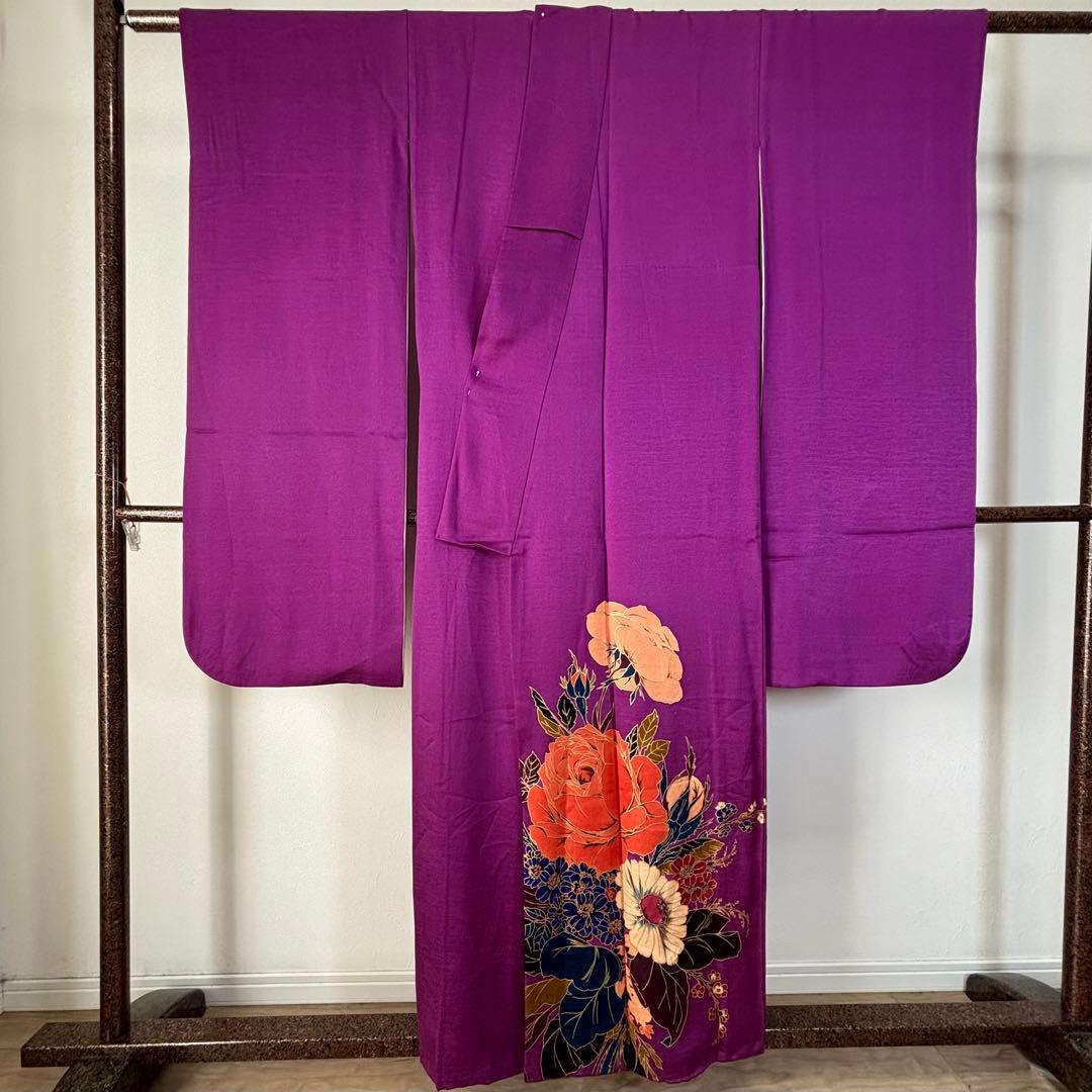 超美品　正絹　振袖　成人式　現代　着物　紫　草野一騎　作家物　花紋　158裄65