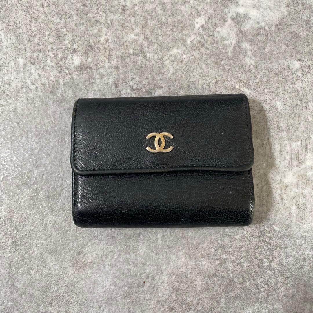 CHANEL シャネル ココマーク Wホック 三つ折り財布 ブラック　黒　箱付き