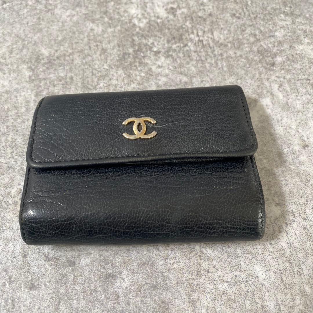 CHANEL シャネル ココマーク Wホック 三つ折り財布 ブラック　黒　箱付き