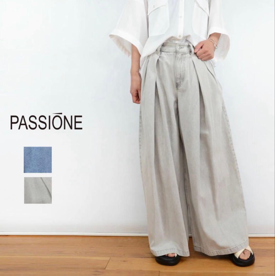 週末値下　PASSIONE タックデニムワイドパンツ　グレー40サイズ