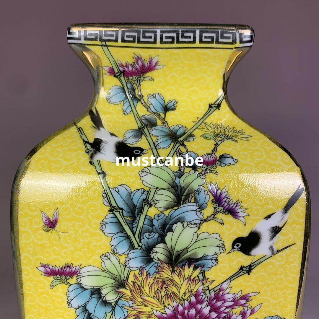 黄地蒔絵花鳥四方花瓶 景徳鎮 陶磁器 装飾品 現代工芸品 美術品 置物