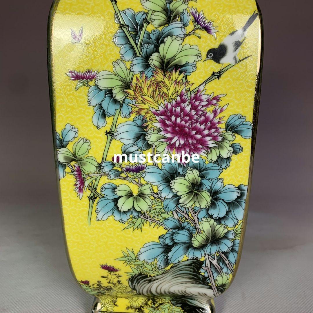 黄地蒔絵花鳥四方花瓶 景徳鎮 陶磁器 装飾品 現代工芸品 美術品 置物
