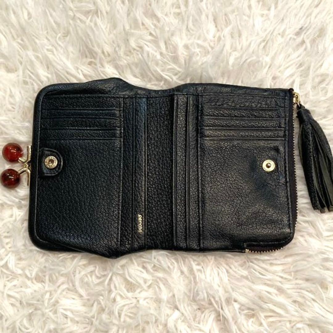 【美品】perche ペルケ　アクリル玉　本革 がま口 二つ折り財布　ブラック