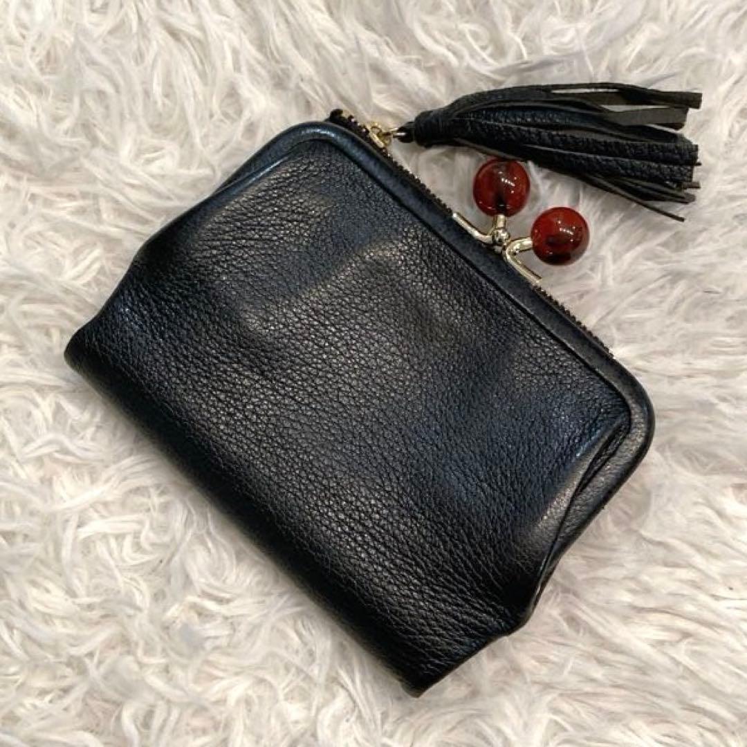【美品】perche ペルケ　アクリル玉　本革 がま口 二つ折り財布　ブラック
