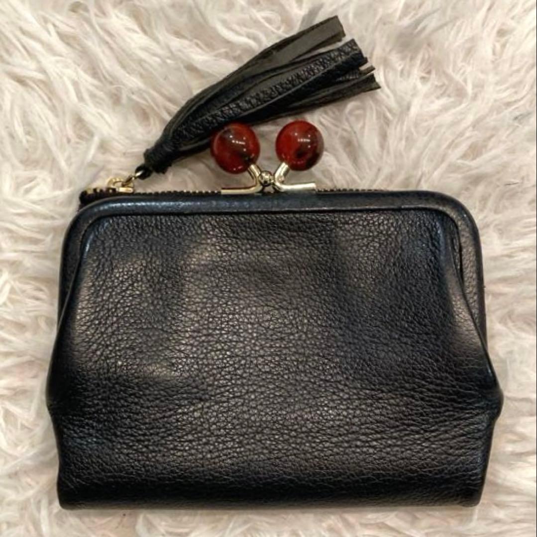 【美品】perche ペルケ　アクリル玉　本革 がま口 二つ折り財布　ブラック