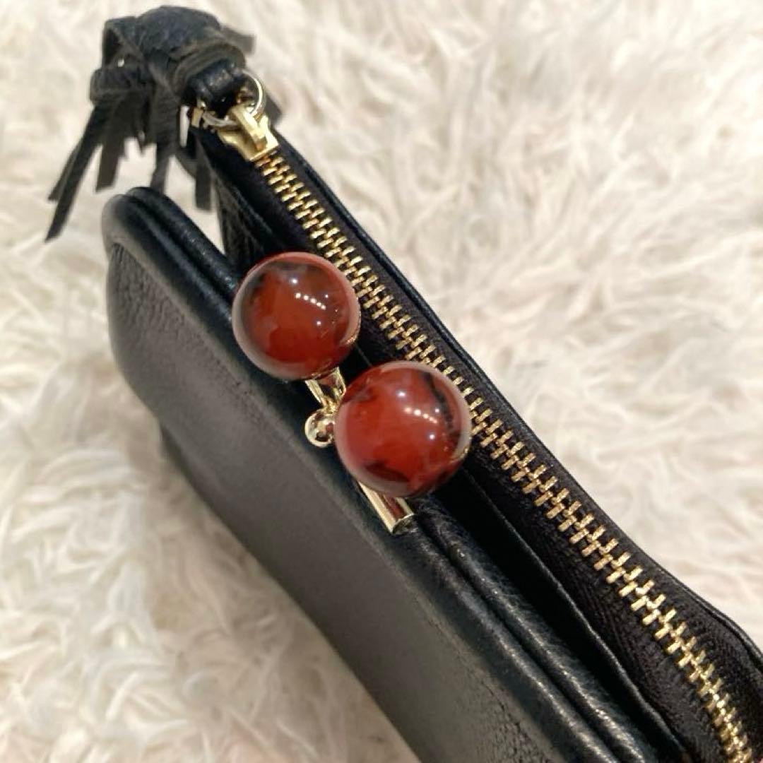 【美品】perche ペルケ　アクリル玉　本革 がま口 二つ折り財布　ブラック