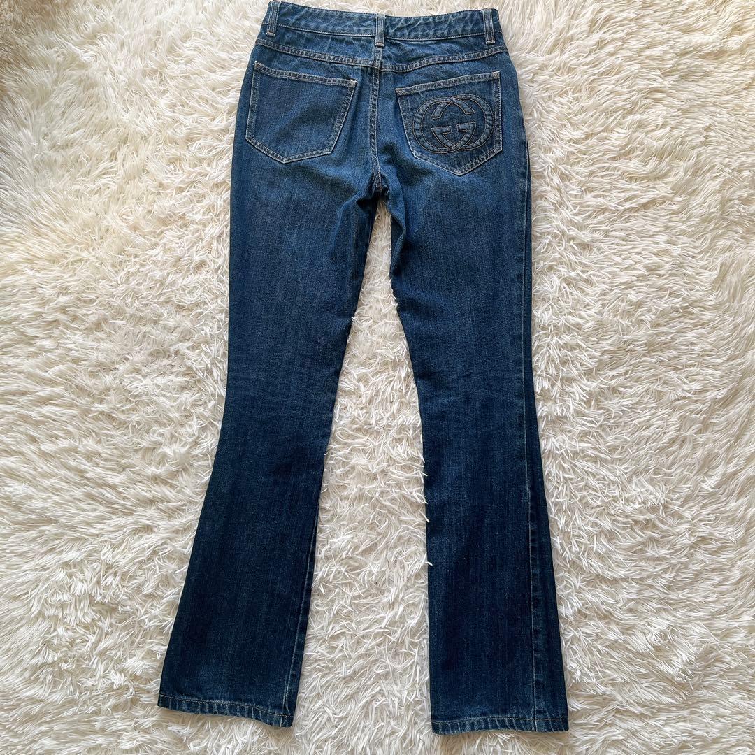 最級 美品 GUCCI グッチ フレア ブーツカットデニムパンツ 38 GGロゴ