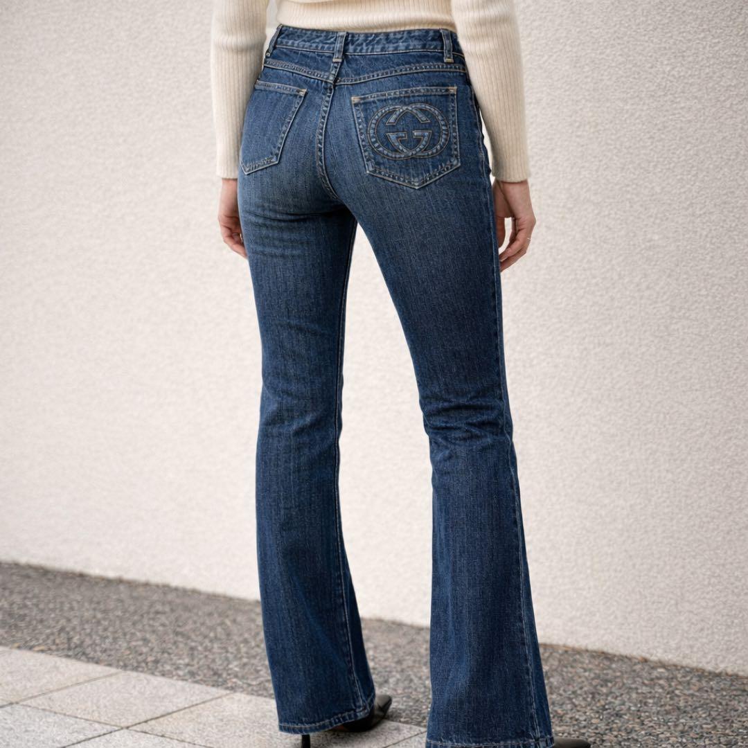 最級 美品 GUCCI グッチ フレア ブーツカットデニムパンツ 38 GGロゴ