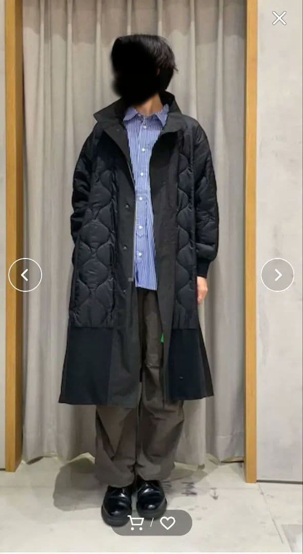 マキシ丈キルティング切替ロングコート　ブラック