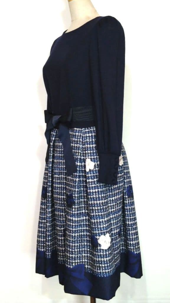 M’S GRACY エムズグレイシー ワンピース 異素材コンビ 紺 秋冬