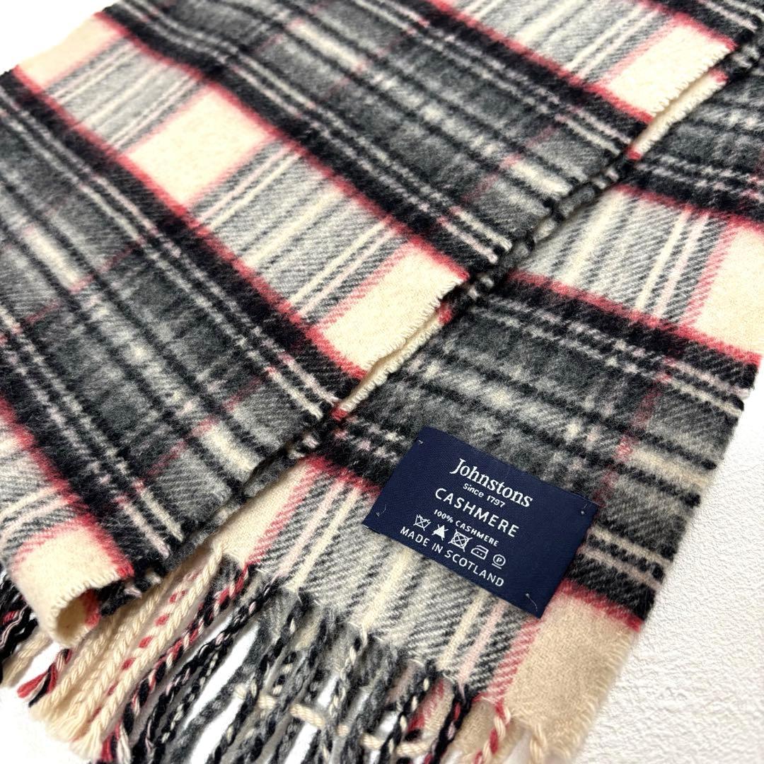 【美品】ジョンストンズ 100％カシミヤ チェックマフラー スコットランド製