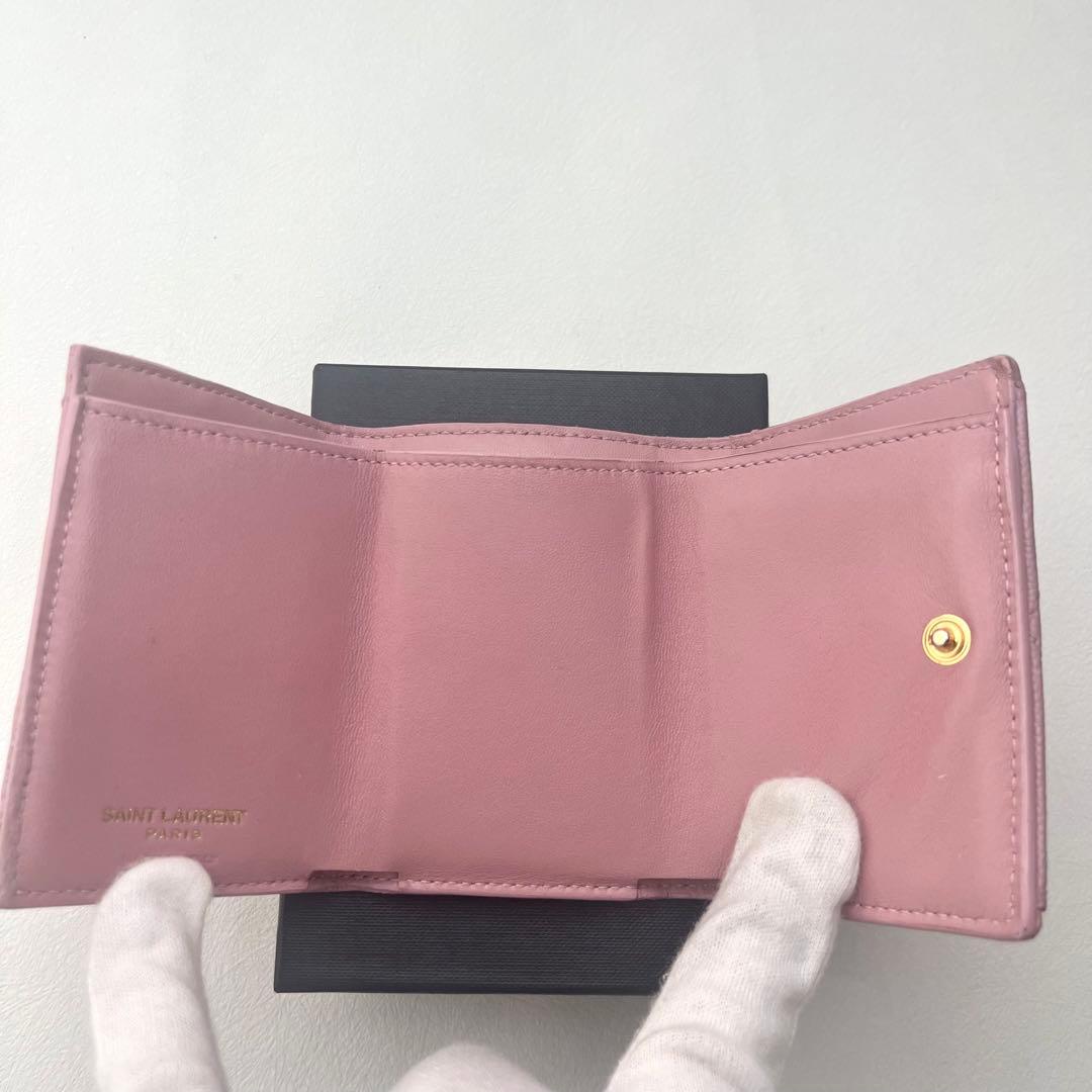 【希少カラー】SAINT LAURENT ピンク 三つ折り財布 YSLロゴ 箱付