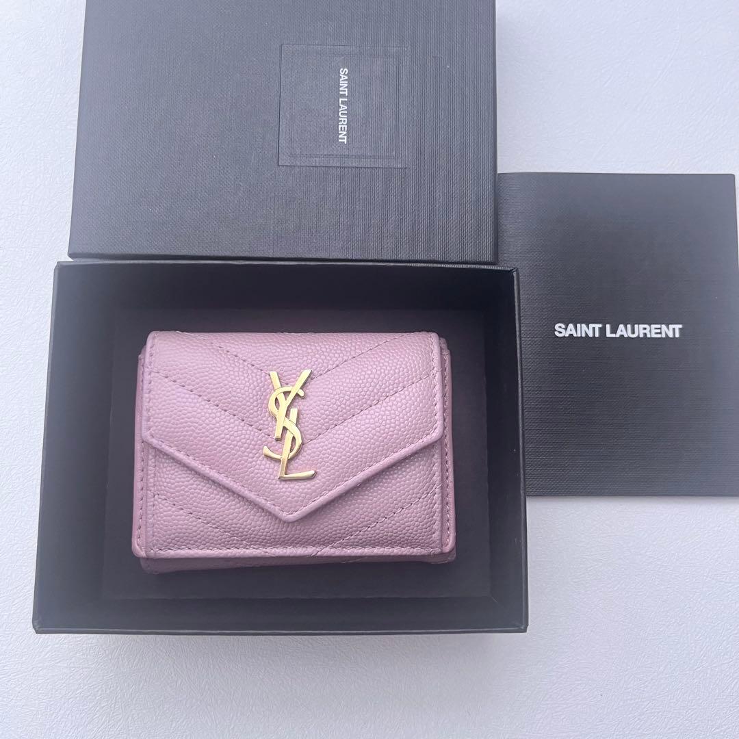 【希少カラー】SAINT LAURENT ピンク 三つ折り財布 YSLロゴ 箱付