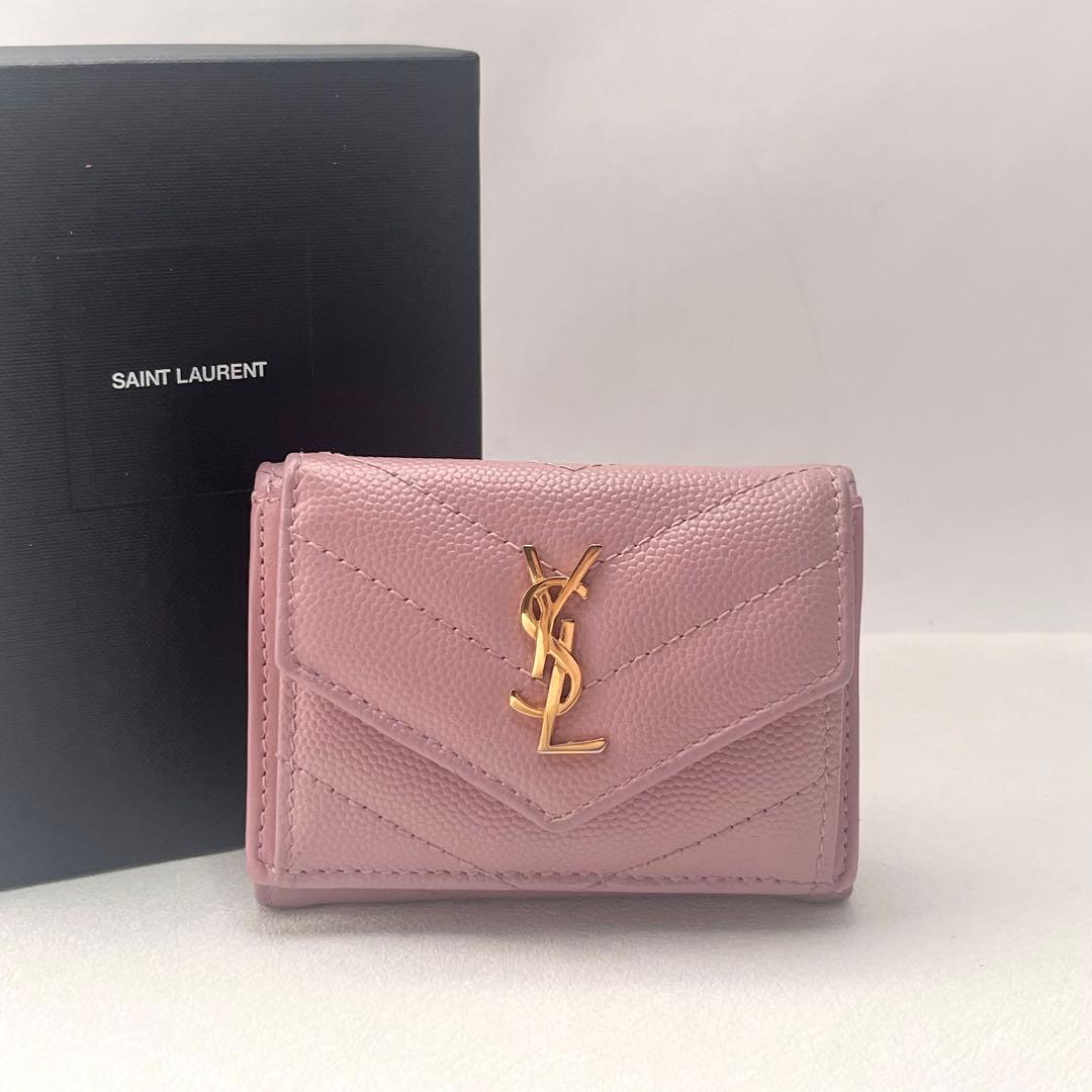 【希少カラー】SAINT LAURENT ピンク 三つ折り財布 YSLロゴ 箱付