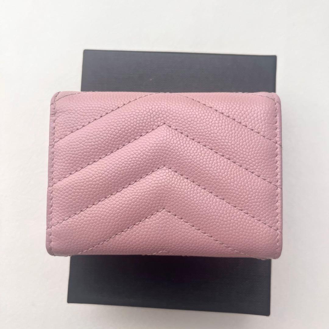 【希少カラー】SAINT LAURENT ピンク 三つ折り財布 YSLロゴ 箱付