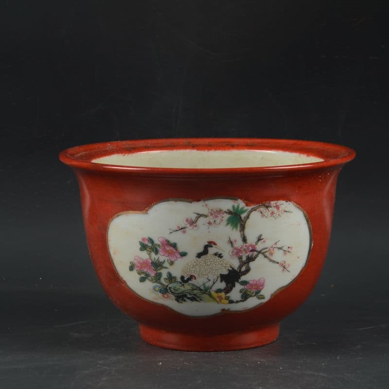 景徳鎮 沙紅開窓仙鶴花鳥図菖蒲鉢 花鉢 大盆栽 小盆栽