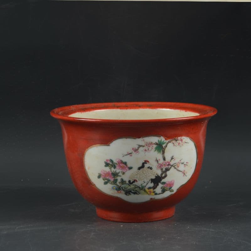 景徳鎮 沙紅開窓仙鶴花鳥図菖蒲鉢 花鉢 大盆栽 小盆栽