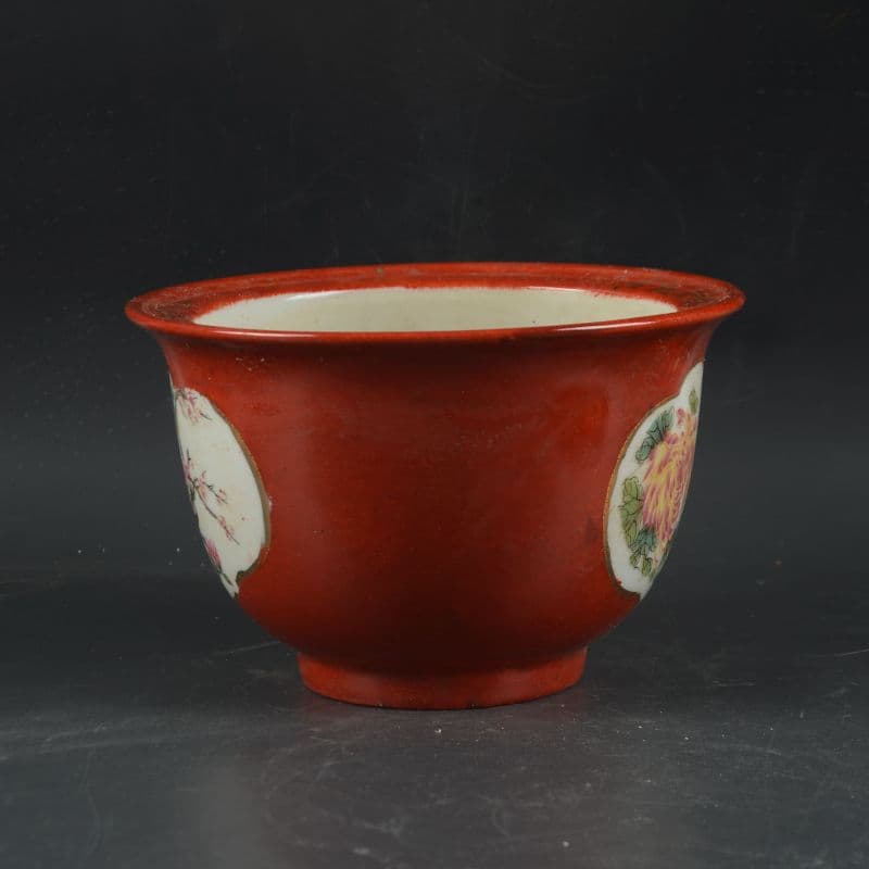 景徳鎮 沙紅開窓仙鶴花鳥図菖蒲鉢 花鉢 大盆栽 小盆栽