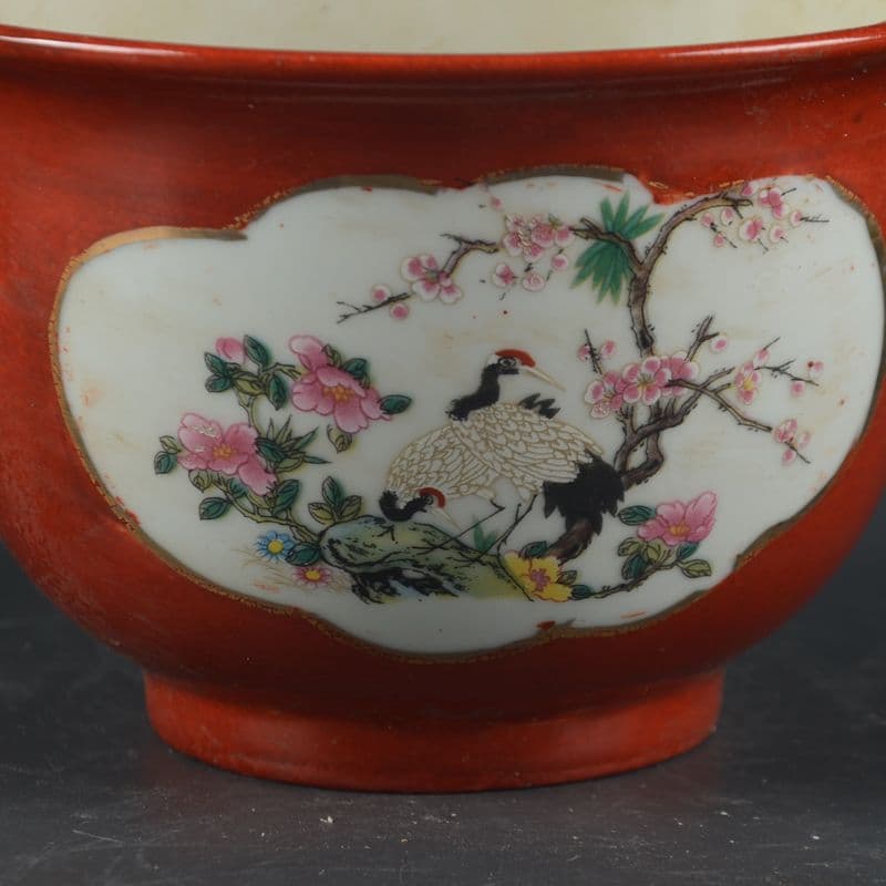 景徳鎮 沙紅開窓仙鶴花鳥図菖蒲鉢 花鉢 大盆栽 小盆栽
