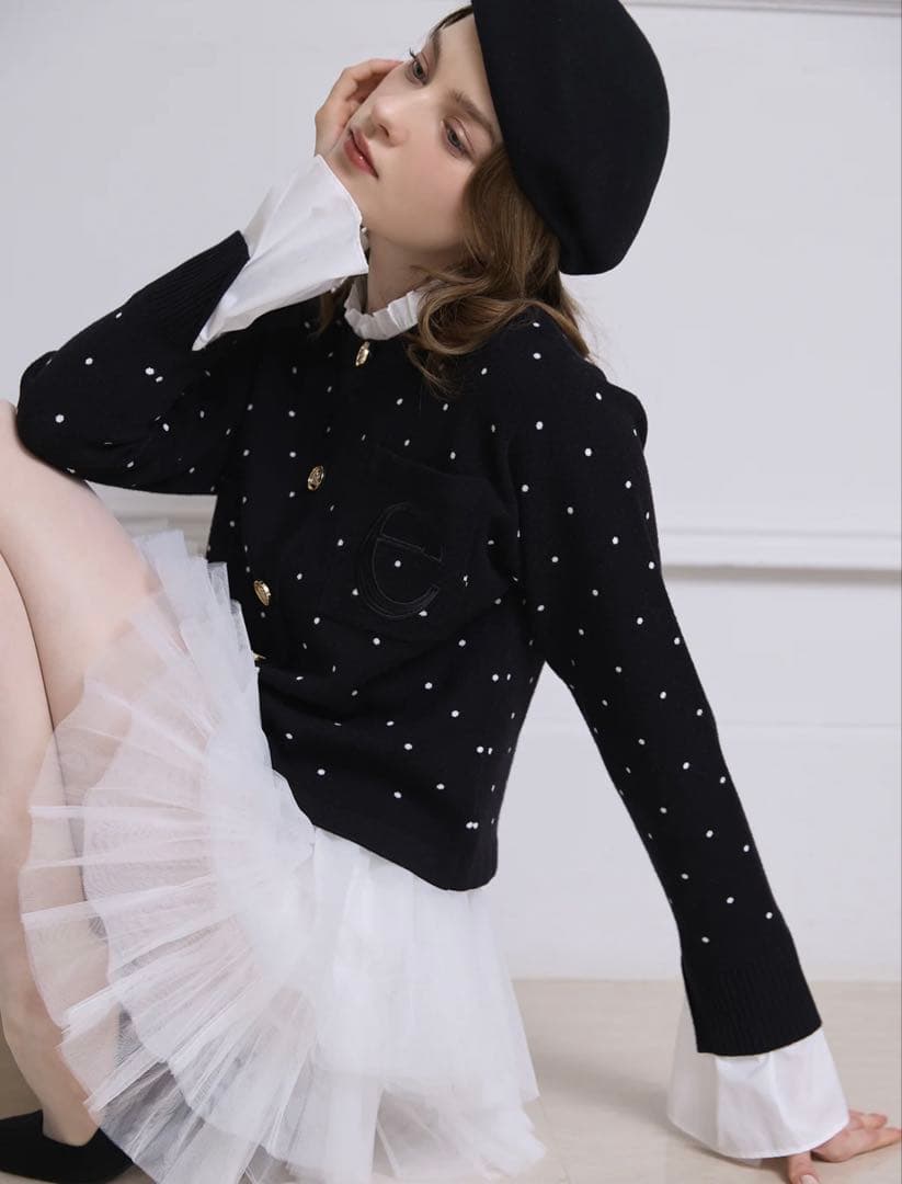 EIMYISTOIRE Attached collar カーディガン ドット 黒