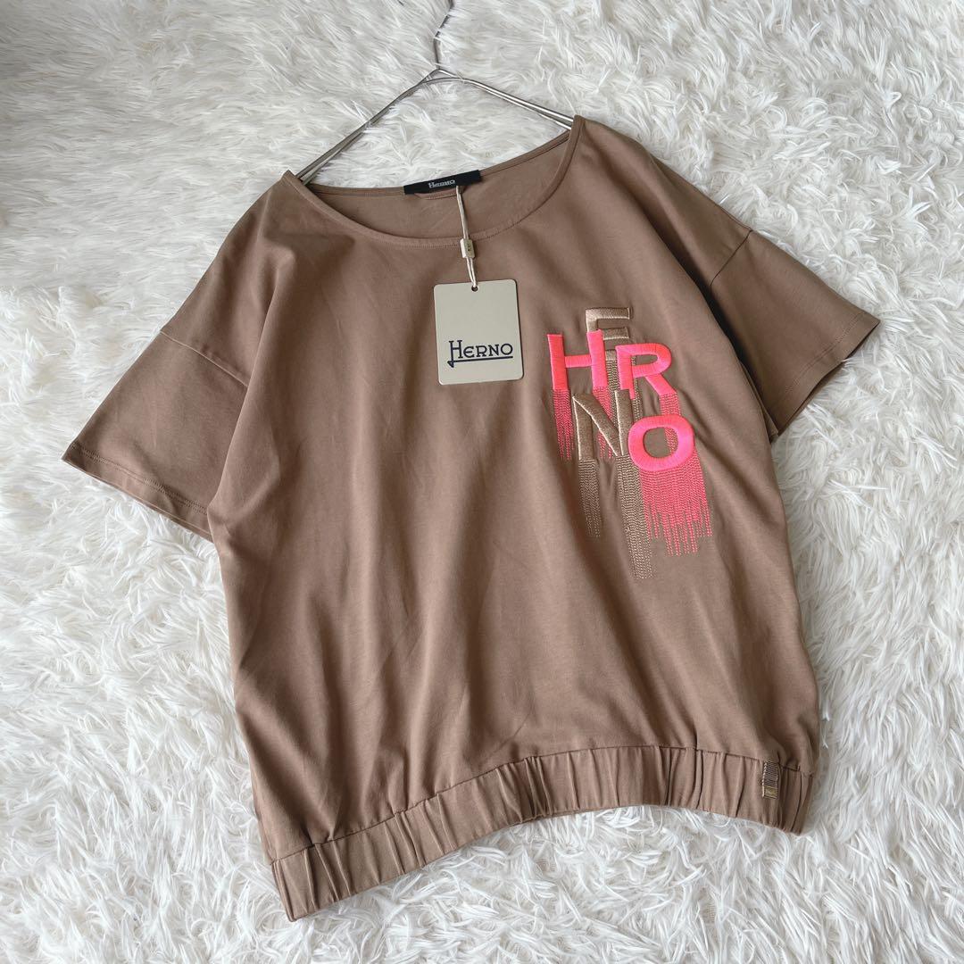 【新品タグ付き】Herno ブラウン ロゴグラフィックTシャツ 半袖　42サイズ