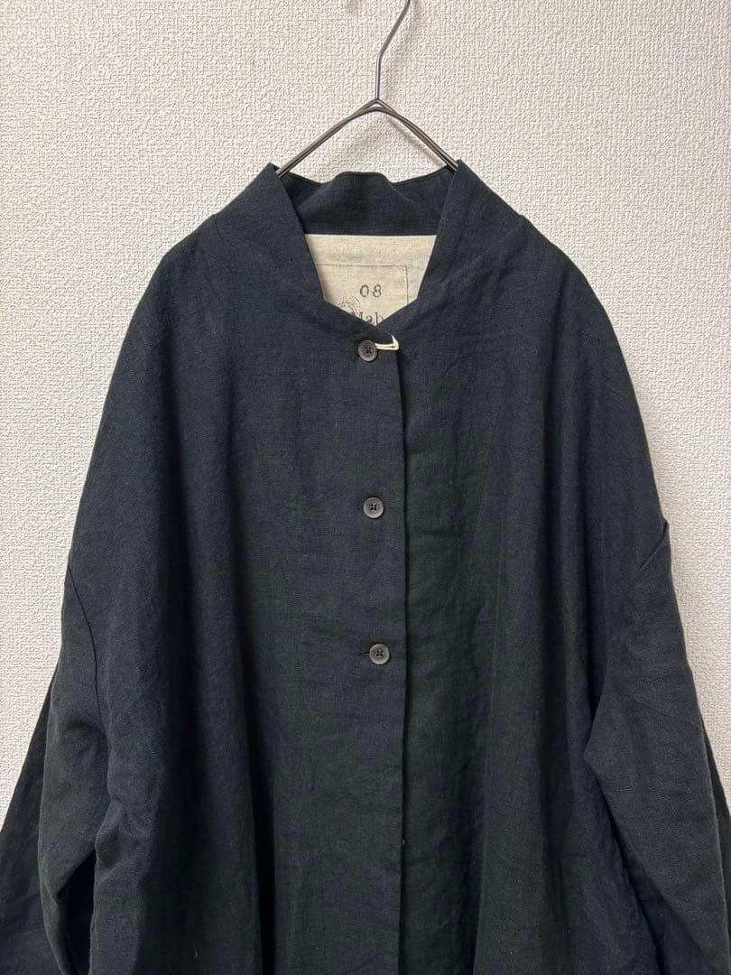 厚手リネン裏地付きロングコートブラック美品