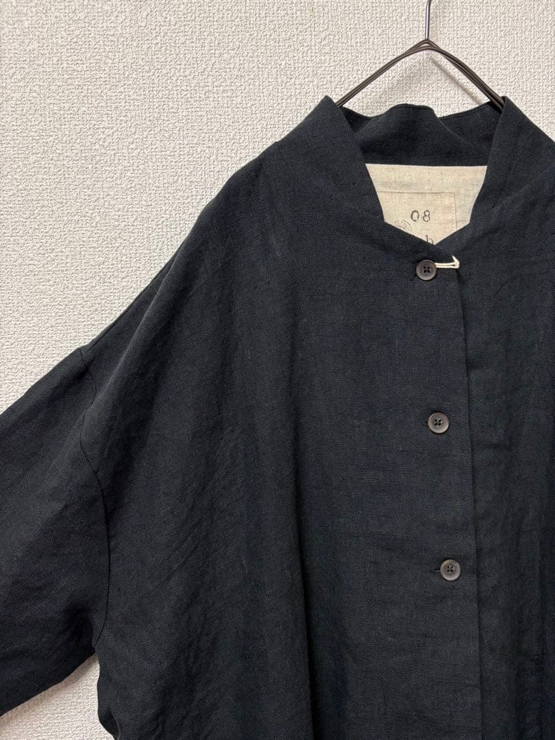 厚手リネン裏地付きロングコートブラック美品