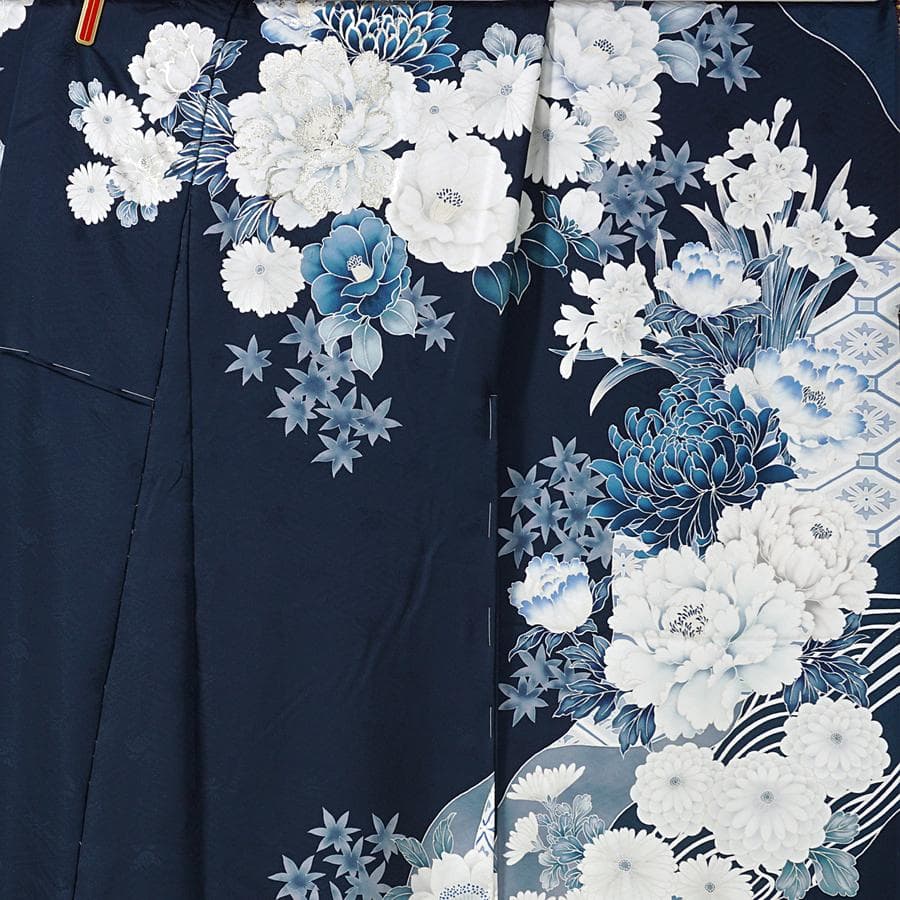 専用　ご予約　振袖フルセット　オーダー仕立て　紺色　ネイビー　牡丹　菊　刺繍