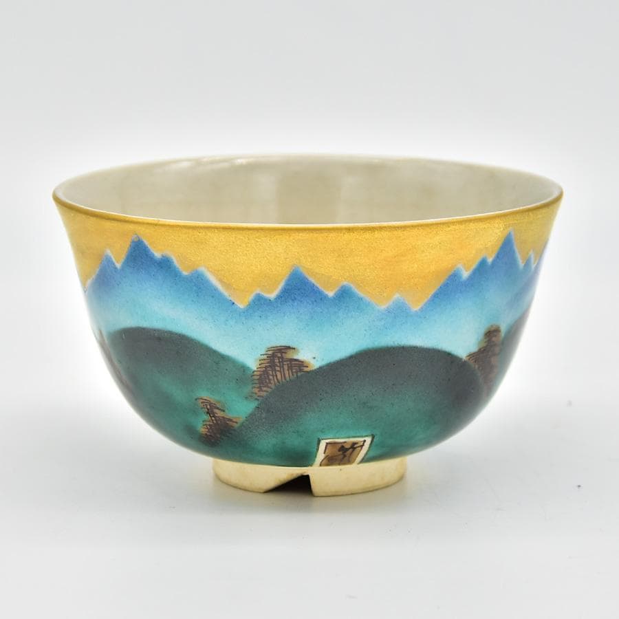 九谷焼 竹鳳窯 色絵 山水図 茶碗 共箱 茶道具 茶会石 鉄瓶