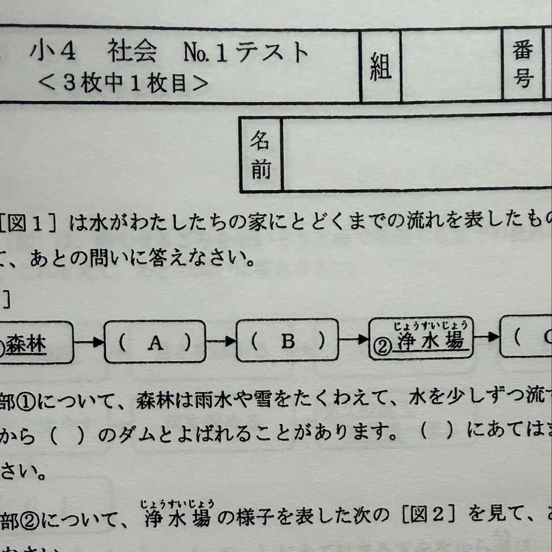 原本サイズ　浜学園 復習テスト　小4 Vクラス　4科目　国語　算数　理科　社会