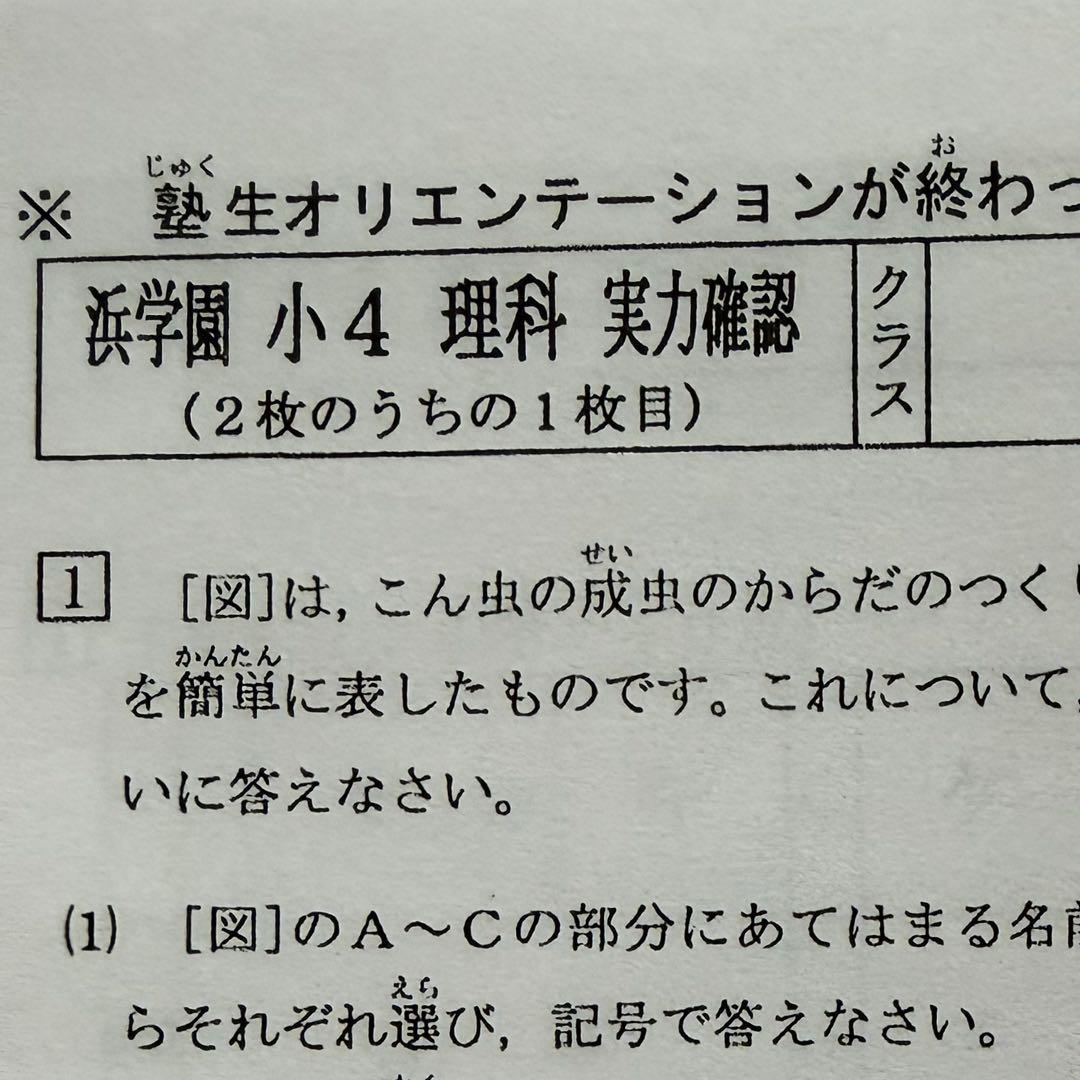 原本サイズ　浜学園 復習テスト　小4 Vクラス　4科目　国語　算数　理科　社会