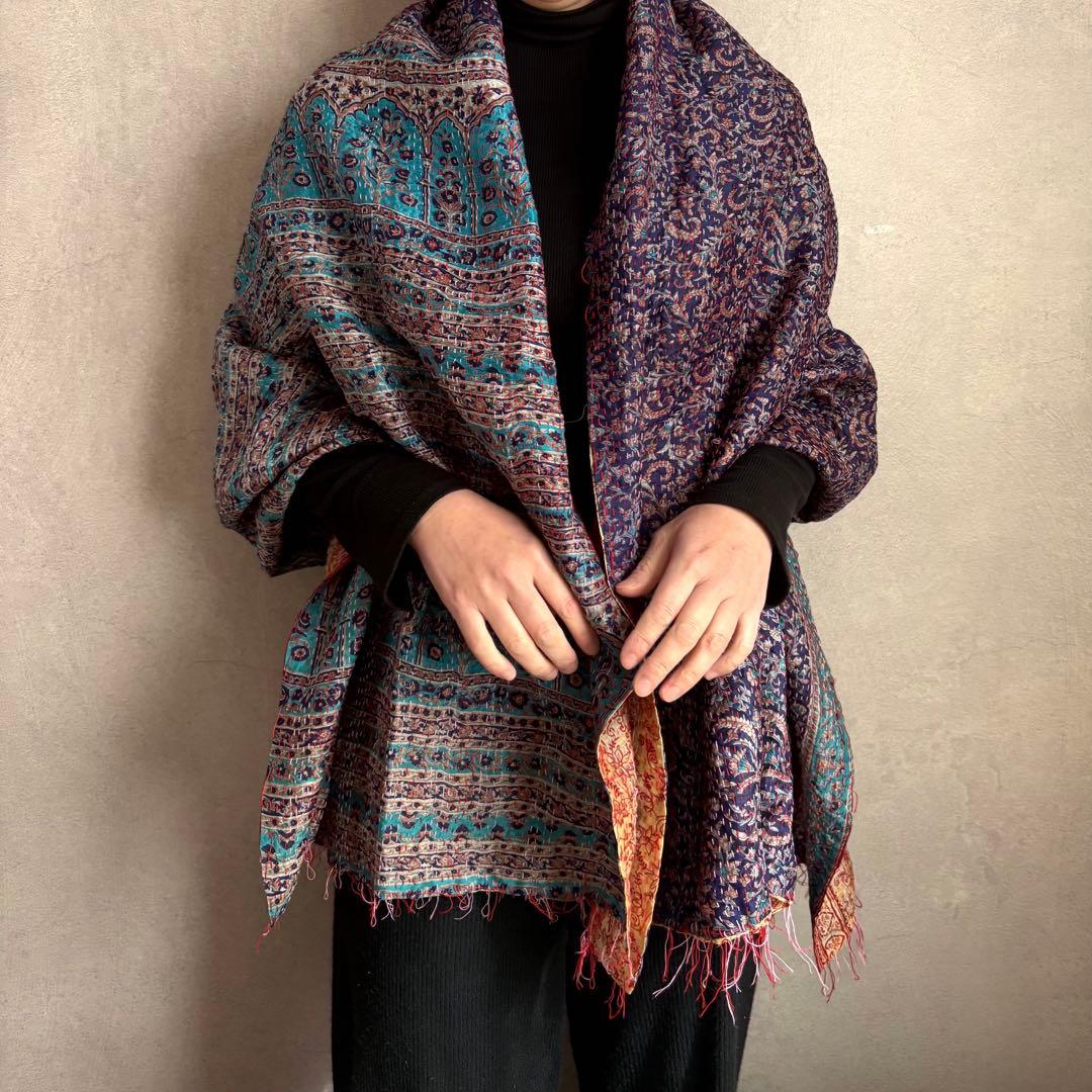 カンタ刺繍 シルクストール インド Kantha embroidery 刺し子