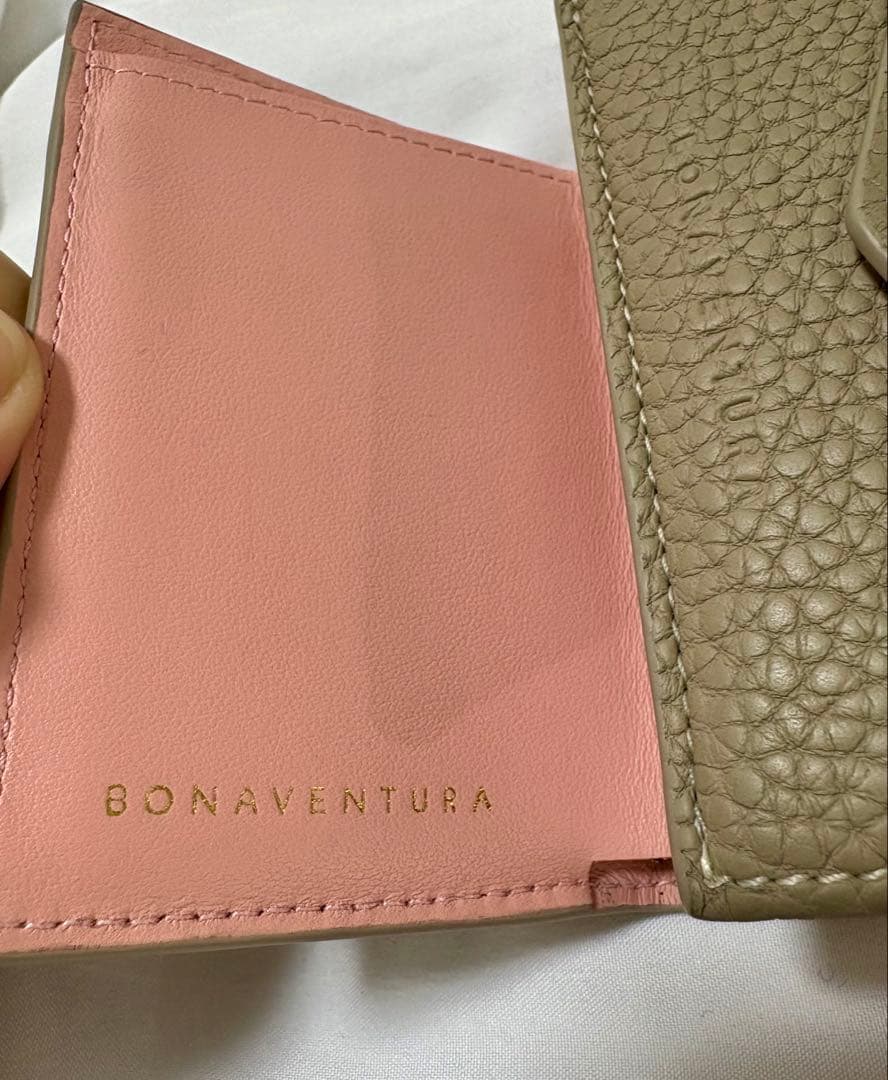 【美品・メンテ済】BONAVENTURA 三つ折り財布 グレージュ×ピンク 箱付