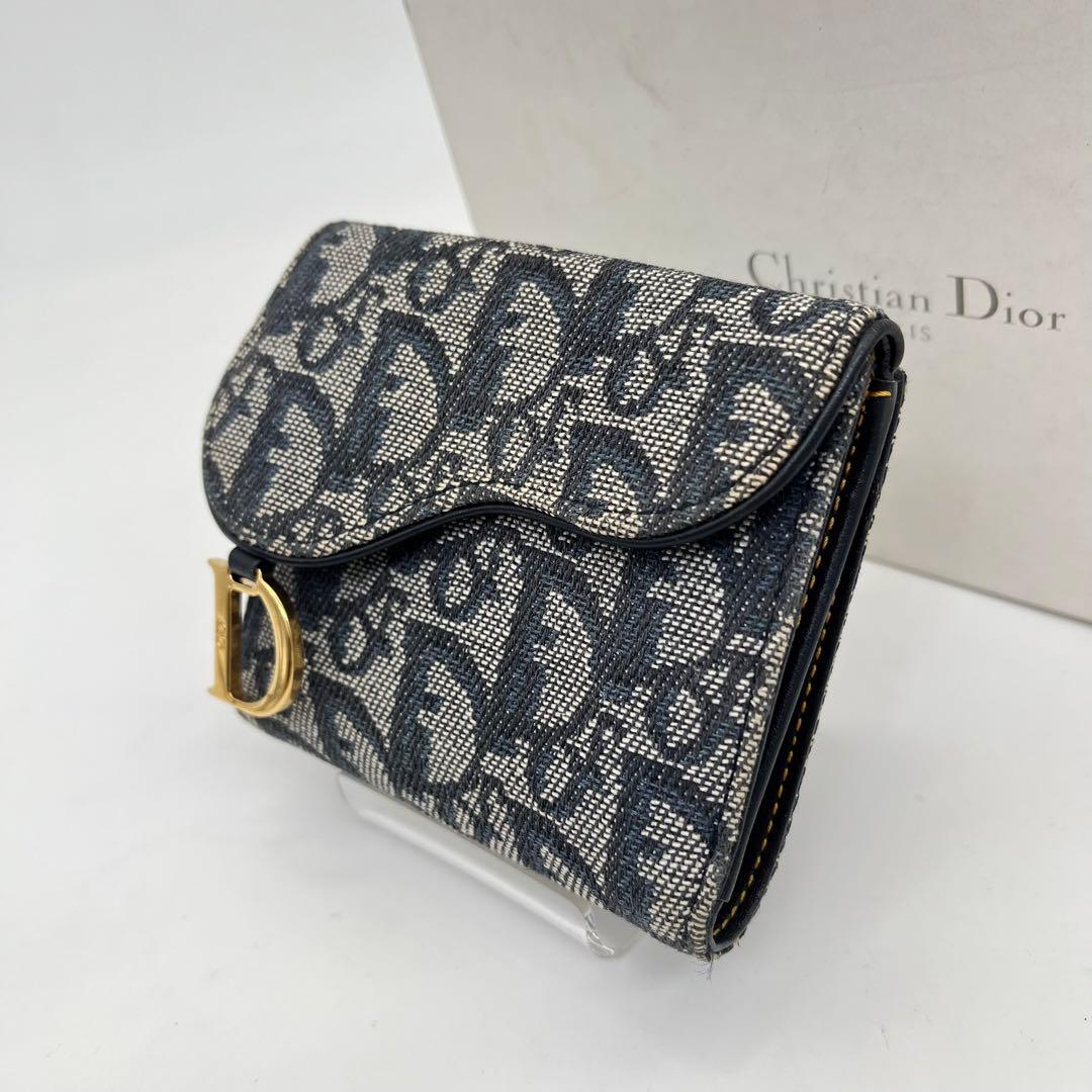 クリスチャンディオール 二つ折り財布 トロッター柄 ロゴ金具 サドル キャンバス