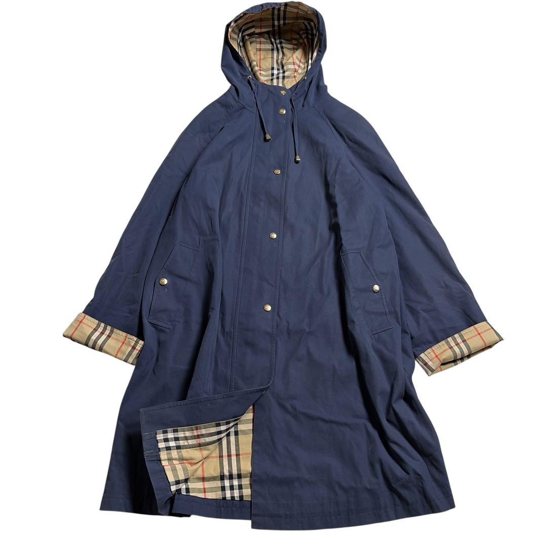 バーバリー 金ボタン コート ネイビー ノバチェック ヴィンテージ 紺 L-XL