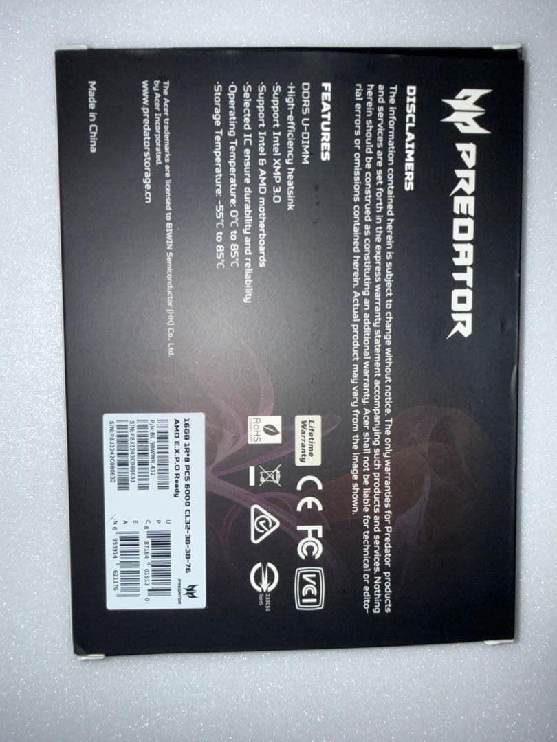 メモリー Acer Predator Pallas II DDR5 32GB 6000M