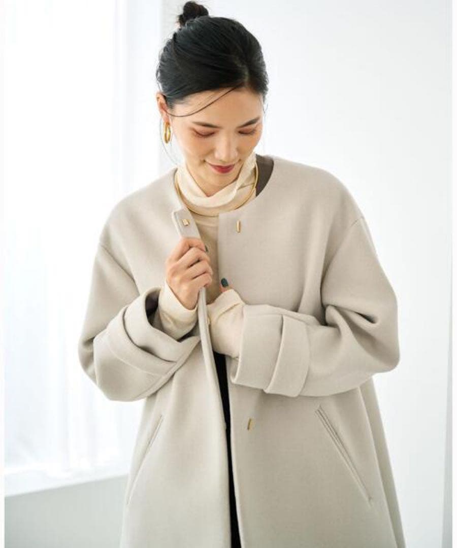 美品 ソフトメルトン Aライン コート ノーカラーコート