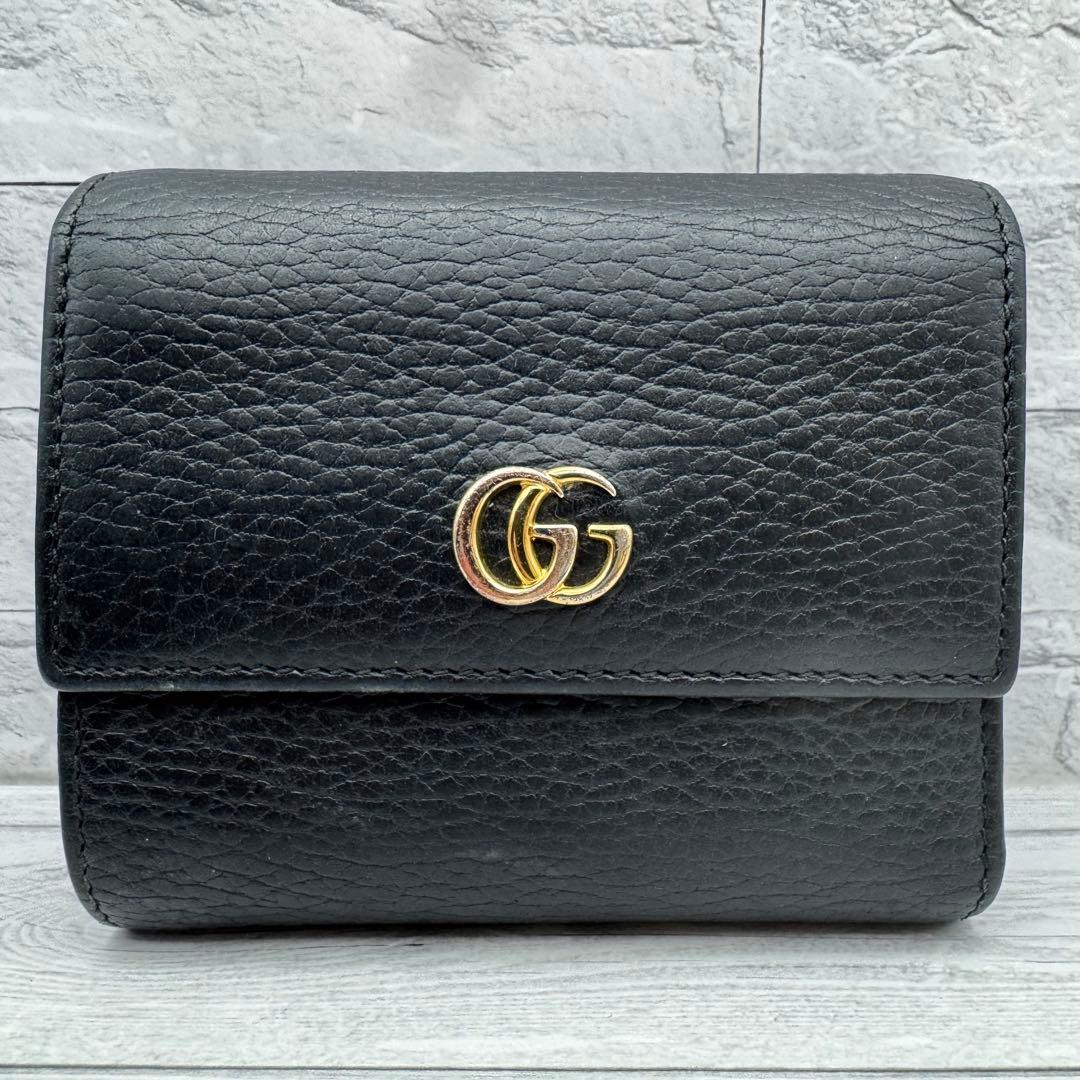 【美品】GUCCI　マーモント　三つ折り財布　GG　レザー　ブラック