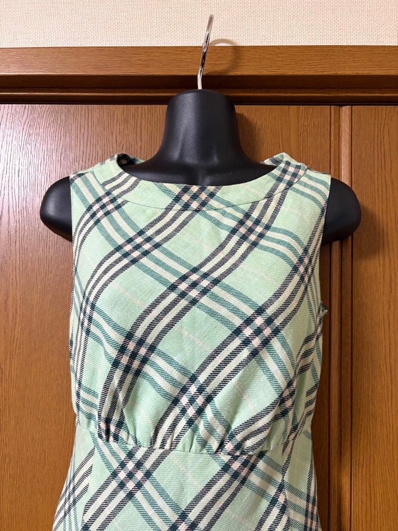 BURBERRY ミントグリーン　チェック柄　ノースリーブ　ワンピース　リネン混