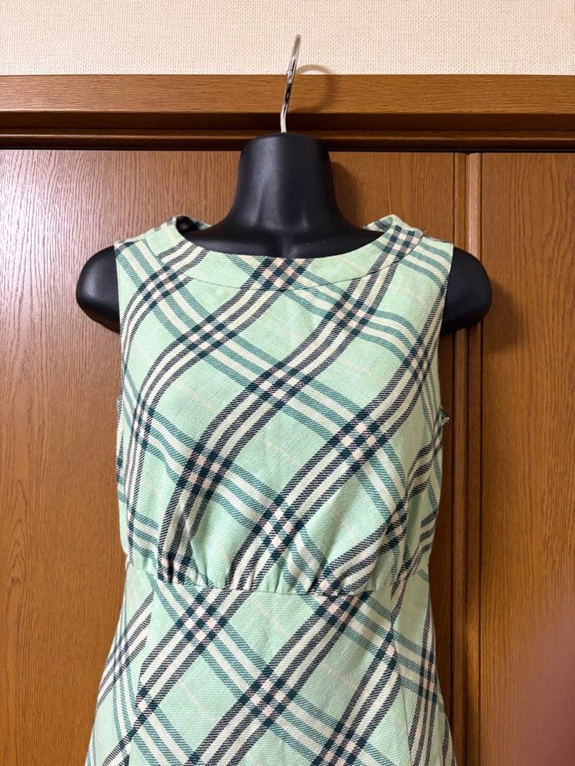 BURBERRY ミントグリーン　チェック柄　ノースリーブ　ワンピース　リネン混