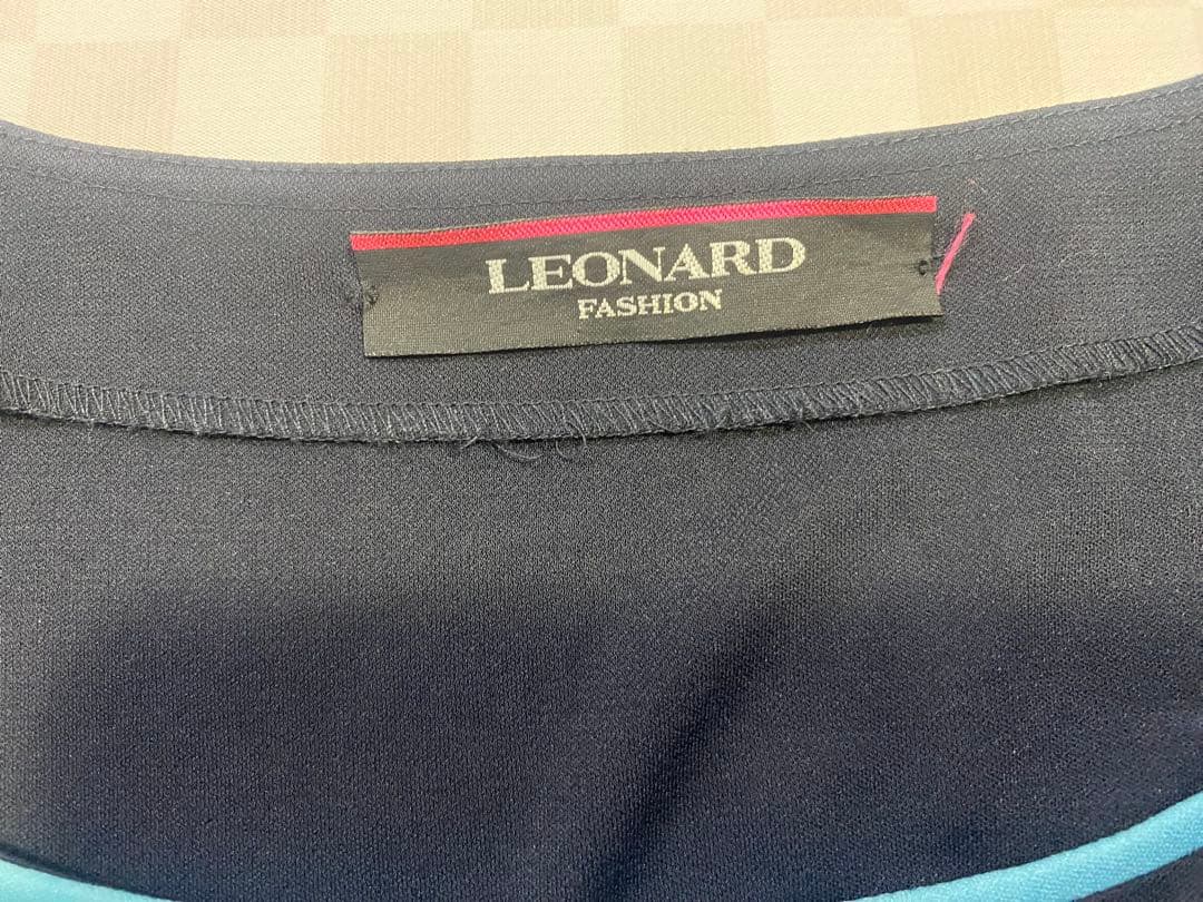e1403☆LEONARD 七分袖ワンピース サイズ38ネイビー