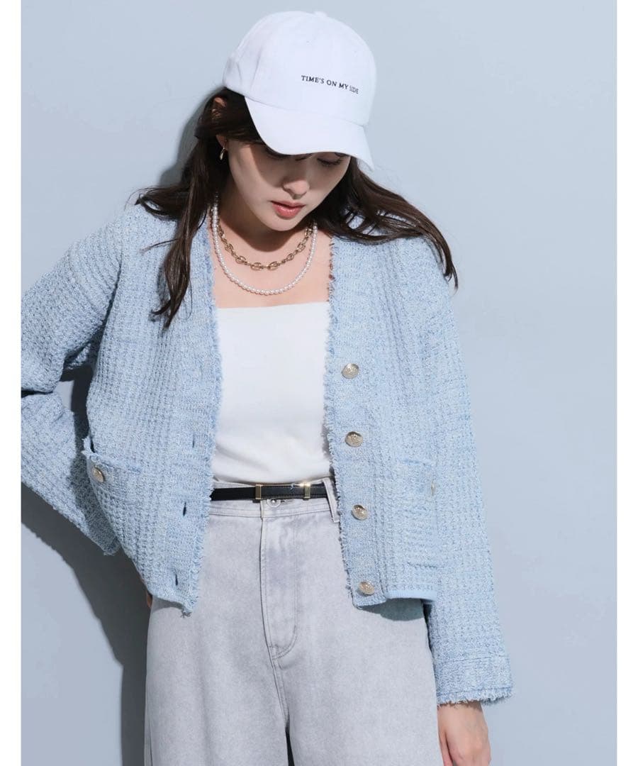 美品✨マイストラーダツイードラメ カーディガン ライトブルー