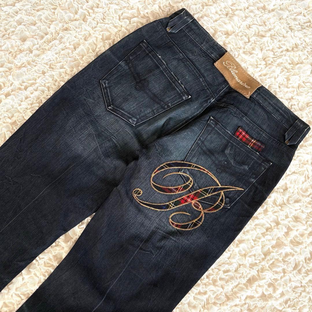 00s'ブルマリンAchiteタータンチェック刺繍デニム イタリア製 Y2K