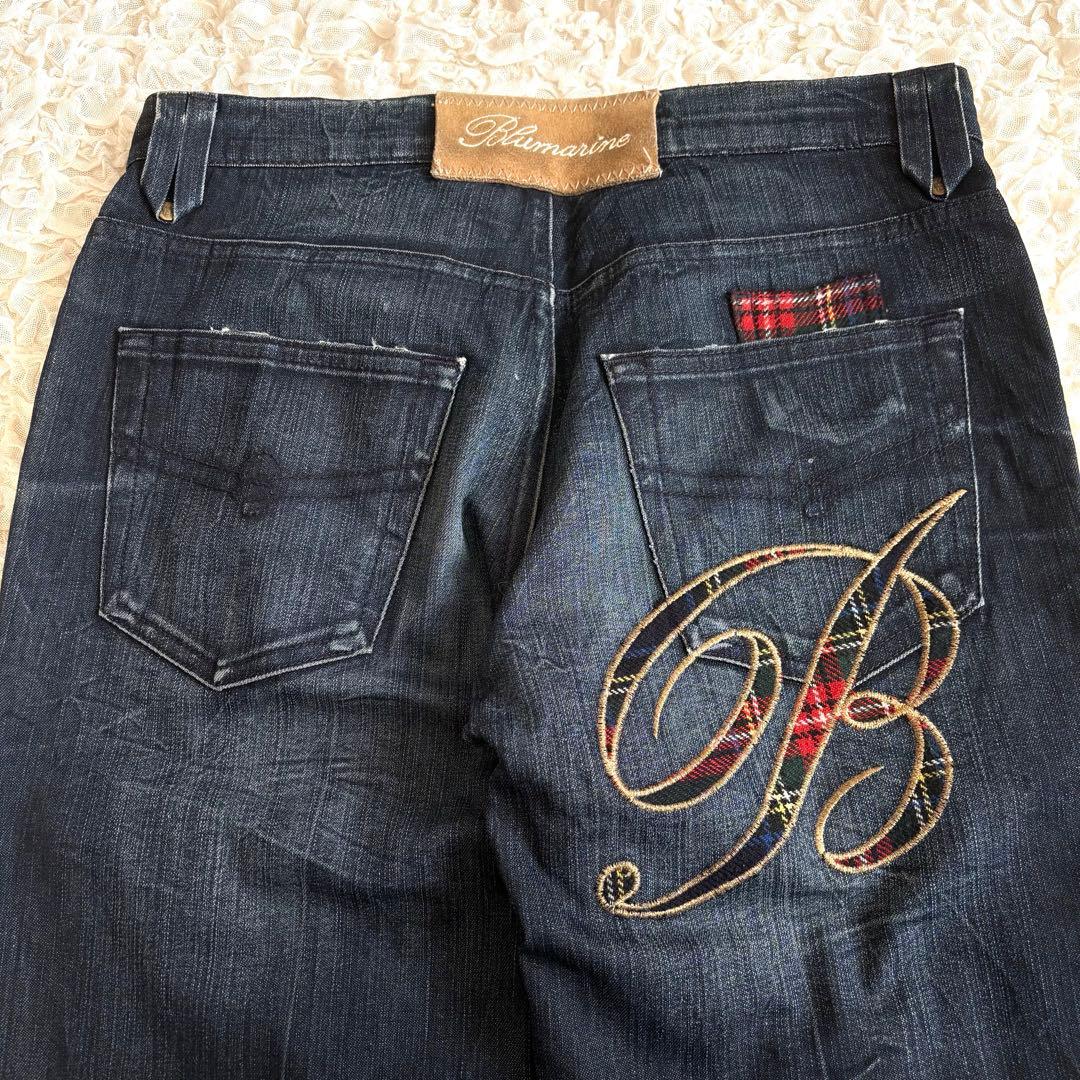 00s'ブルマリンAchiteタータンチェック刺繍デニム イタリア製 Y2K