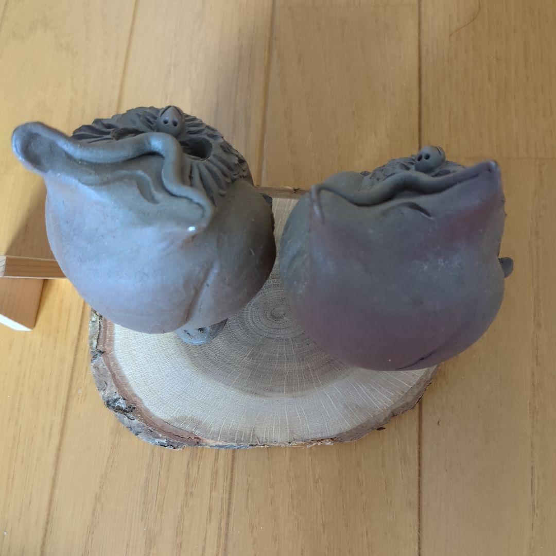 フクロウ 陶器像 2体セット　ゆう吉窯　北海道知床①守護神鳥　しれとこ焼き