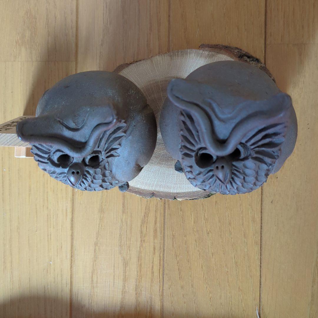 フクロウ 陶器像 2体セット　ゆう吉窯　北海道知床①守護神鳥　しれとこ焼き